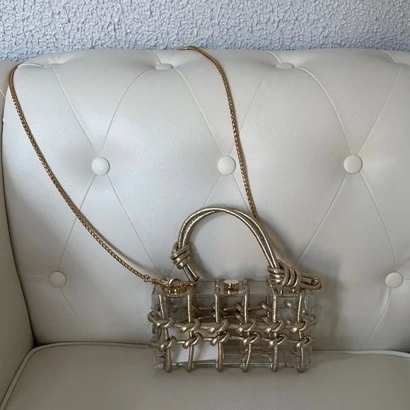 Gold Braided, Gold chain, Two Way Box Clutch & Shoulder Bag, Transparent bag. Mini Bags